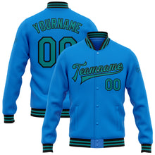 Laden Sie das Bild in den Galerie-Viewer, Custom Powder Blue Teal-Black Bomber Full-Snap Varsity Letterman Jacket
