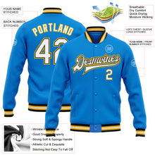 Load image into Gallery viewer, Custom Powder Blue White Black-Gold Bomber Full-Snap Varsity Letterman Jacket
