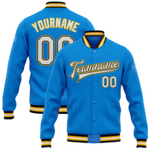 Load image into Gallery viewer, Custom Powder Blue White Black-Gold Bomber Full-Snap Varsity Letterman Jacket
