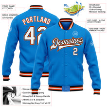 Laden Sie das Bild in den Galerie-Viewer, Custom Powder Blue White Black-Orange Bomber Full-Snap Varsity Letterman Jacket
