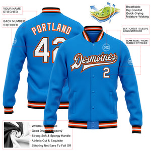 Custom Powder Blue White Black-Orange Bomber Full-Snap Varsity Letterman Jacket