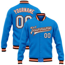 Laden Sie das Bild in den Galerie-Viewer, Custom Powder Blue White Black-Orange Bomber Full-Snap Varsity Letterman Jacket
