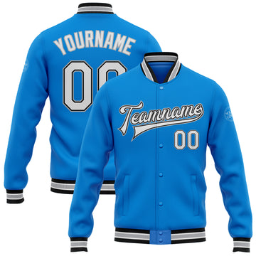 Custom Electric Blue White Black-Gray Bomber Full-Snap Varsity Letterman Jacket