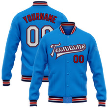 Load image into Gallery viewer, Custom Electric Blue White Navy-Red Bomber Full-Snap Varsity Letterman Jacket
