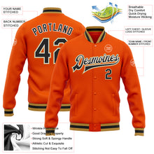 Загрузить изображение в средство просмотра галереи, Custom Orange Black-Old Gold Bomber Full-Snap Varsity Letterman Jacket
