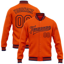 Charger l&#39;image dans la galerie, Custom Orange Navy Bomber Full-Snap Varsity Letterman Jacket
