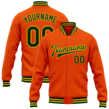 Charger l&#39;image dans la galerie, Custom Orange Green-Gold Bomber Full-Snap Varsity Letterman Jacket
