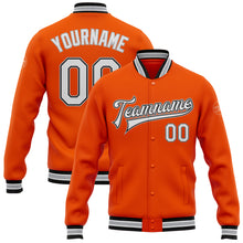 Загрузить изображение в средство просмотра галереи, Custom Orange White Black-Gray Bomber Full-Snap Varsity Letterman Jacket
