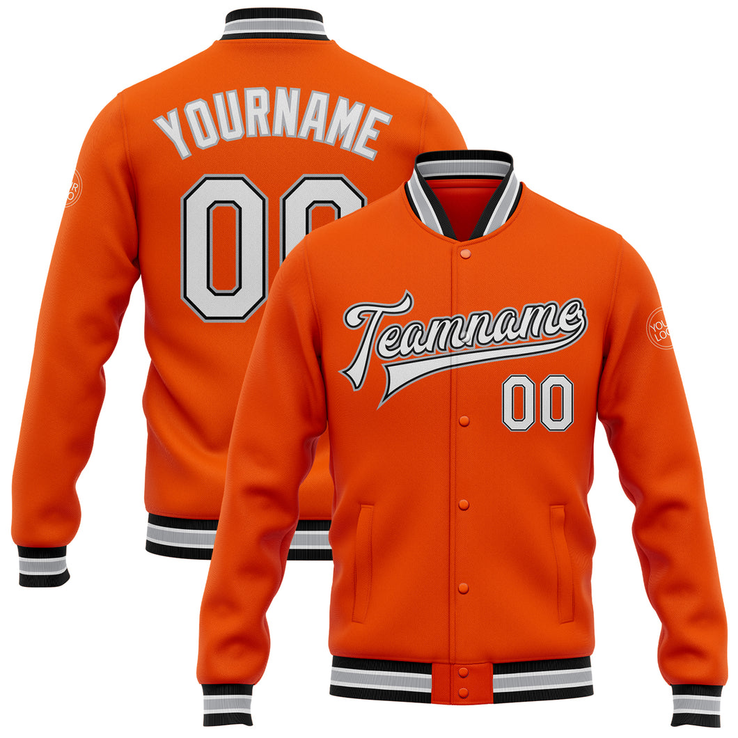 Custom Orange White Black-Gray Bomber Full-Snap Varsity Letterman Jacket