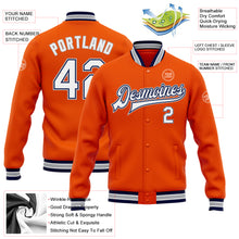 Charger l&#39;image dans la galerie, Custom Orange White Navy-Gray Bomber Full-Snap Varsity Letterman Jacket
