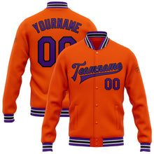 Загрузить изображение в средство просмотра галереи, Custom Orange Purple-Black Bomber Full-Snap Varsity Letterman Jacket
