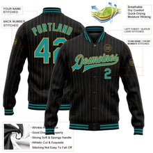 Загрузить изображение в средство просмотра галереи, Custom Black Old Gold Pinstripe Teal Bomber Full-Snap Varsity Letterman Jacket
