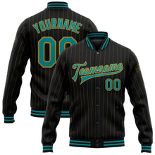 Загрузить изображение в средство просмотра галереи, Custom Black Old Gold Pinstripe Teal Bomber Full-Snap Varsity Letterman Jacket
