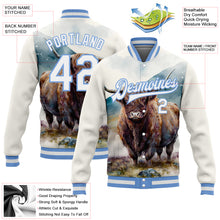 Загрузить изображение в средство просмотра галереи, Custom White Light Blue A Bull In Tropical Exotic Jungle 3D Pattern Design Bomber Full-Snap Varsity Letterman Jacket
