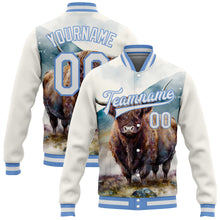 Загрузить изображение в средство просмотра галереи, Custom White Light Blue A Bull In Tropical Exotic Jungle 3D Pattern Design Bomber Full-Snap Varsity Letterman Jacket
