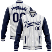 Charger l&#39;image dans la galerie, Custom White Navy Pinstripe Gray Bomber Full-Snap Varsity Letterman Two Tone Jacket
