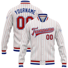 Charger l&#39;image dans la galerie, Custom White Red Pinstripe Royal Bomber Full-Snap Varsity Letterman Jacket
