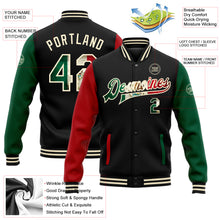 Загрузить изображение в средство просмотра галереи, Custom Black Vintage Mexican Flag Cream Kelly Green-Red Bomber Full-Snap Varsity Letterman Two Tone Jacket
