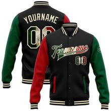 Загрузить изображение в средство просмотра галереи, Custom Black Vintage Mexican Flag Cream Kelly Green-Red Bomber Full-Snap Varsity Letterman Two Tone Jacket
