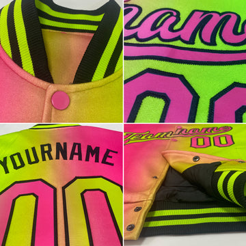 Custom Neon Green Pink-Black Bomber Full-Snap Varsity Letterman Gradient Fashion Jacket