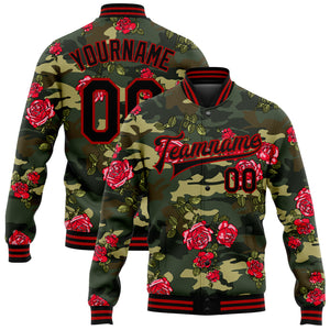 Custom Camo Black-Red Rose 3D Pattern Design Bomber Full-Snap Varsity Letterman Salute To Service Jacket