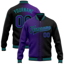 Load image into Gallery viewer, Custom Black Purple-Teal Bomber Full-Snap Varsity Letterman Gradient Fashion Jacket
