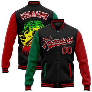 Custom Black Red-Kelly Green Black History Month Lion 3D Pattern Design Bomber Full-Snap Varsity Letterman Jacket