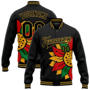 Custom Black Old Gold Red-Kelly Green Black History Month 3D Pattern Design Bomber Full-Snap Varsity Letterman Jacket