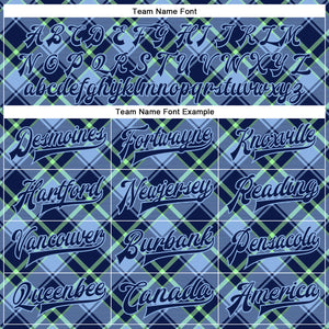 Custom Navy Light Blue-Neon Green Check Board 3D Pattern Design Bomber Full-Snap Varsity Letterman Jacket