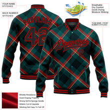 Load image into Gallery viewer, Custom Midnight Green Black-Red Check Board 3D Pattern Design Bomber Full-Snap Varsity Letterman Jacket
