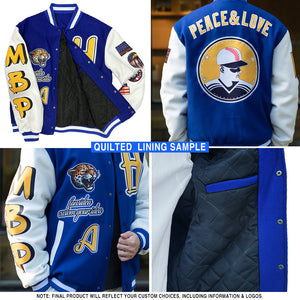 Custom White Royal-Red Check Board 3D Pattern Design Bomber Full-Snap Varsity Letterman Jacket