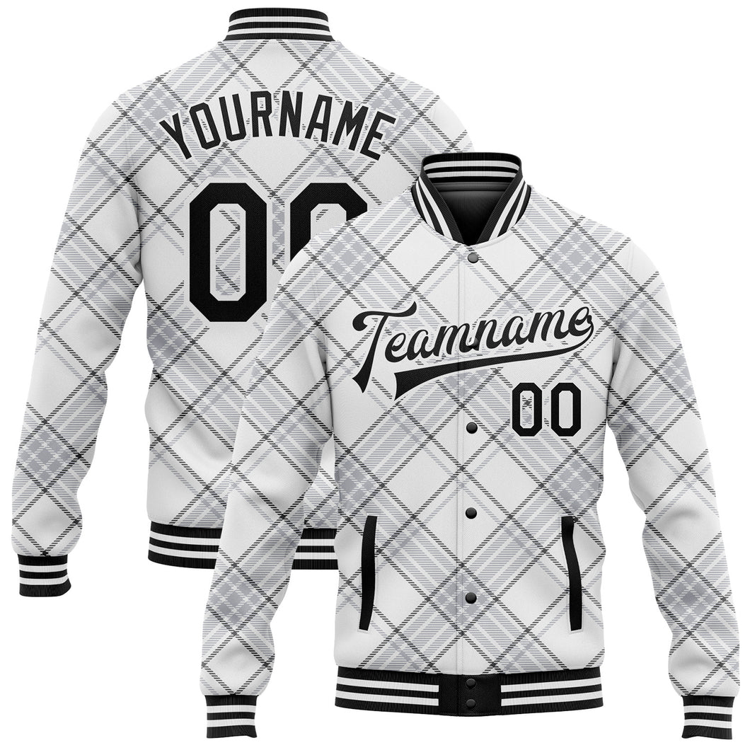 Custom White Black Check Board 3D Pattern Design Bomber Full-Snap Varsity Letterman Jacket