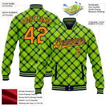 Load image into Gallery viewer, Custom Neon Green Bay Orange-Navy Check Board 3D Pattern Design Bomber Full-Snap Varsity Letterman Jacket
