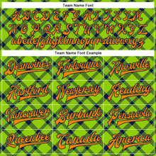 Load image into Gallery viewer, Custom Neon Green Bay Orange-Navy Check Board 3D Pattern Design Bomber Full-Snap Varsity Letterman Jacket
