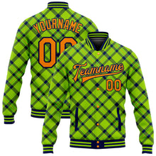 Load image into Gallery viewer, Custom Neon Green Bay Orange-Navy Check Board 3D Pattern Design Bomber Full-Snap Varsity Letterman Jacket
