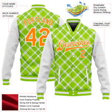 Load image into Gallery viewer, Custom Neon Green Bay Orange-White Check Board 3D Pattern Design Bomber Full-Snap Varsity Letterman Jacket
