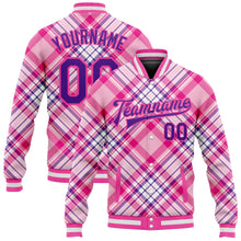 Загрузить изображение в средство просмотра галереи, Custom Light Pink Purple-Pink Check Board 3D Pattern Design Bomber Full-Snap Varsity Letterman Jacket
