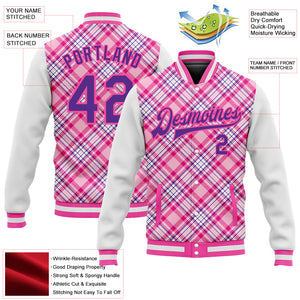 Custom Light Pink Purple-Pink Check Board 3D Pattern Design Bomber Full-Snap Varsity Letterman Jacket