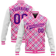 Загрузить изображение в средство просмотра галереи, Custom Light Pink Purple-Pink Check Board 3D Pattern Design Bomber Full-Snap Varsity Letterman Jacket
