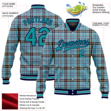 Загрузить изображение в средство просмотра галереи, Custom Shadow Blue Teal Navy-Gray Classic Western Plaid 3D Pattern Design Bomber Full-Snap Varsity Letterman Jacket
