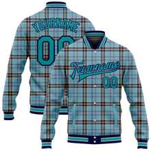 Загрузить изображение в средство просмотра галереи, Custom Shadow Blue Teal Navy-Gray Classic Western Plaid 3D Pattern Design Bomber Full-Snap Varsity Letterman Jacket
