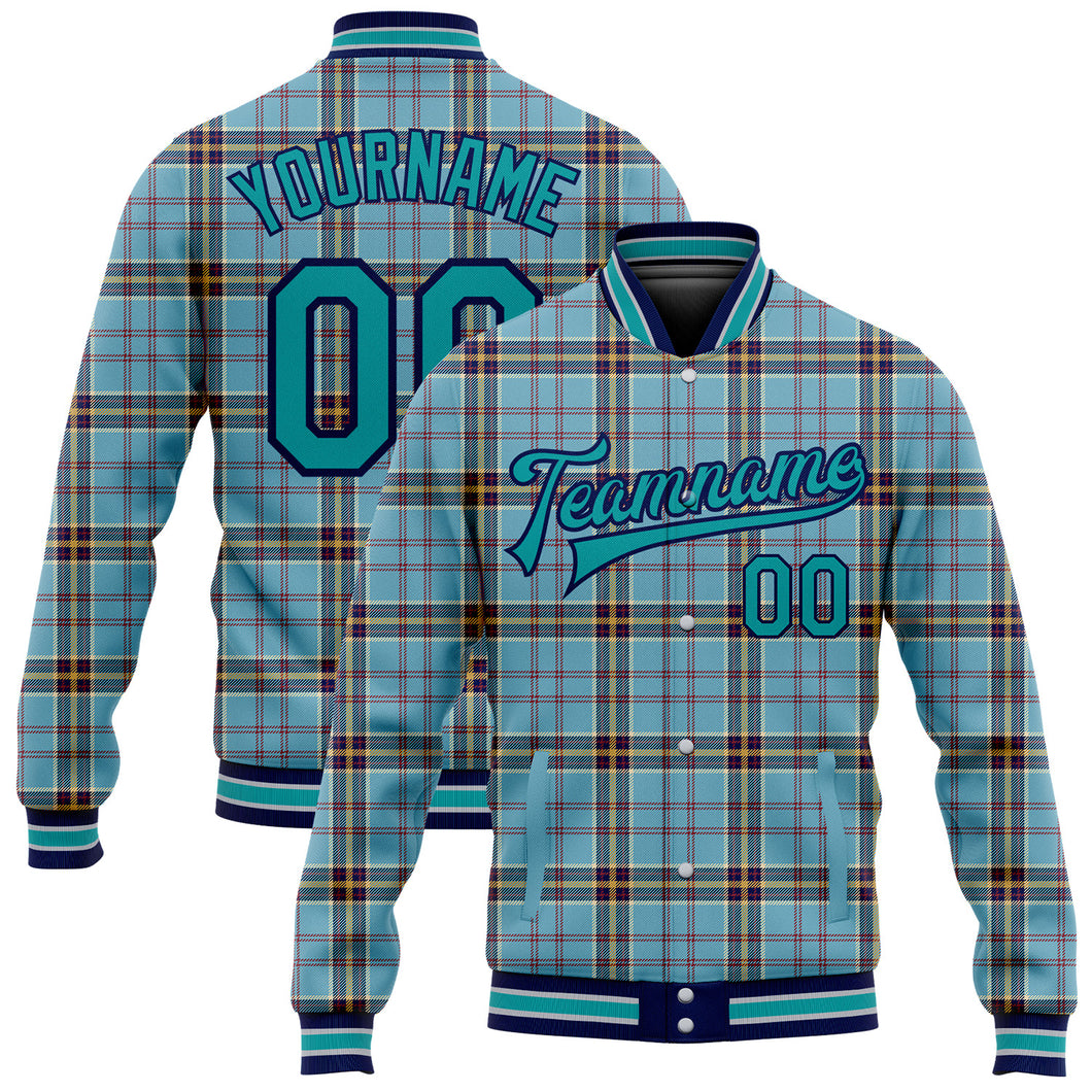 Custom Shadow Blue Teal Navy-Gray Classic Western Plaid 3D Pattern Design Bomber Full-Snap Varsity Letterman Jacket