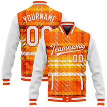 Загрузить изображение в средство просмотра галереи, Custom Orange White Check Board 3D Pattern Design Bomber Full-Snap Varsity Letterman Jacket
