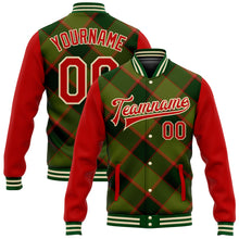 Load image into Gallery viewer, Custom Green Red-Cream Check Board 3D Pattern Design Bomber Full-Snap Varsity Letterman Jacket
