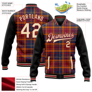 Custom Crimson Cream Black-City Cream Classic Western Plaid 3D Pattern Design Bomber Full-Snap Varsity Letterman Jacket