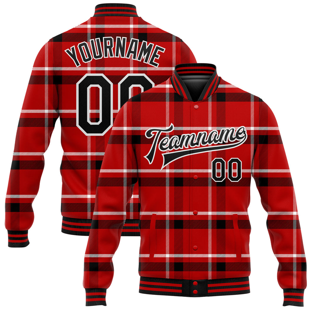 Custom Red Black-White Classic Western Plaid 3D Pattern Design Bomber Full-Snap Varsity Letterman Jacket