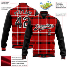 Загрузить изображение в средство просмотра галереи, Custom Red Black-White Classic Western Plaid 3D Pattern Design Bomber Full-Snap Varsity Letterman Jacket
