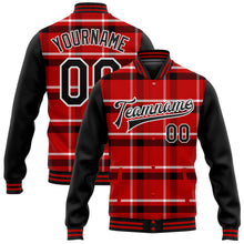 Загрузить изображение в средство просмотра галереи, Custom Red Black-White Classic Western Plaid 3D Pattern Design Bomber Full-Snap Varsity Letterman Jacket
