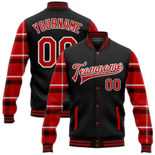 Load image into Gallery viewer, Custom Black Red-White Classic Western Plaid 3D Pattern Design Bomber Full-Snap Varsity Letterman Jacket
