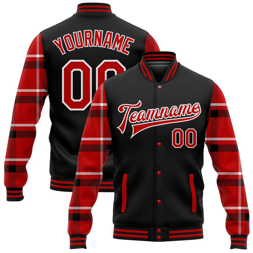 Custom Black Red-White Classic Western Plaid 3D Pattern Design Bomber Full-Snap Varsity Letterman Jacket